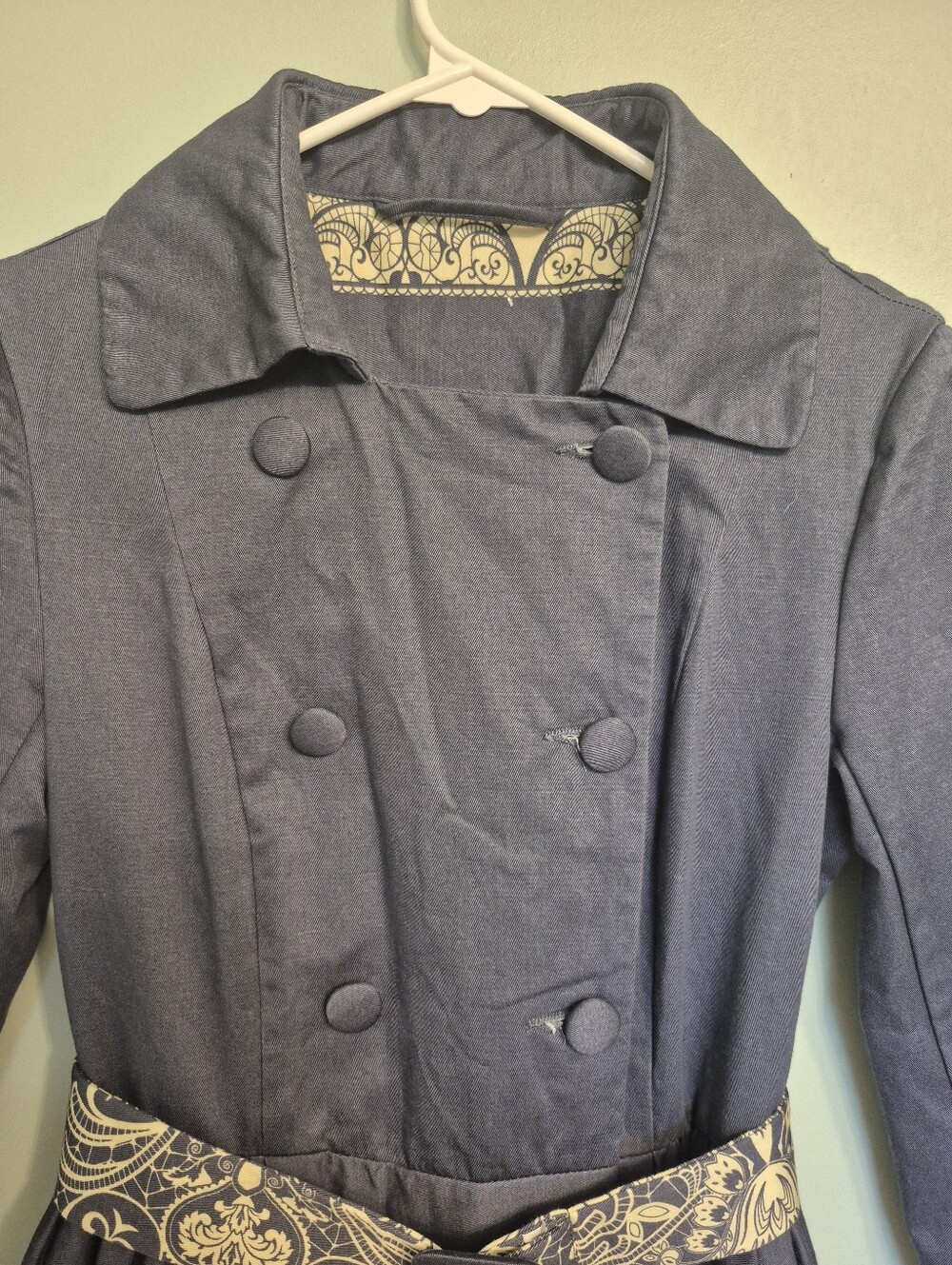 Artka Women's Navy Blue Double-Breasted Trench Coat Cream Paisley Trim Size S - Picture 3 of 9